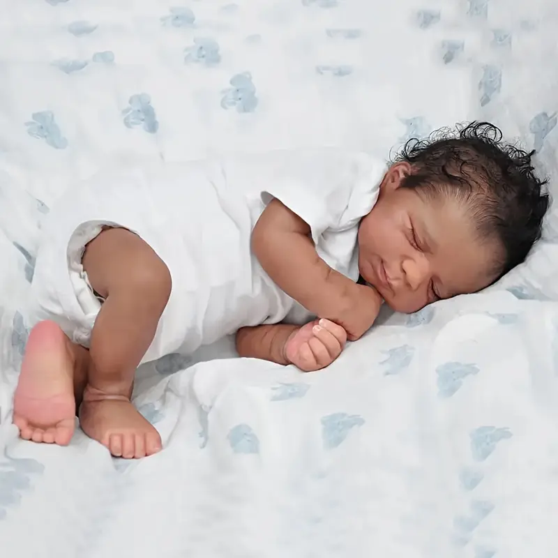 19in (48cm) Realistic Baby Doll, Lifelike Unisex Asleep Black Skin Reborn Doll with Soft Vinyl Limbs & Cloth Body, Hand-Painted Cuddly Kids' Birthday Gift Idea, Realistic Baby Dolls, Birthday Gift Ideas