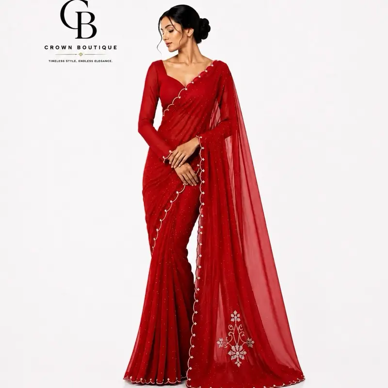 Women's Handmade Boutique Saree with Elegant Drape, Floral Design, Diamond Detail and Stitched Long-Sleeve V-Neck Blouse – Elegant Clothes for Women