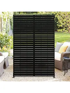 Black/Horizontal Slat- Metal Privacy Screen 72" H X 47" W, Outdoor Privacy Screens And Panels, Freestanding Decorative Fence For Patio Lawn Garden Deck Balcony, 3-Panel Outdoor Divider With Stand Modern Furniture