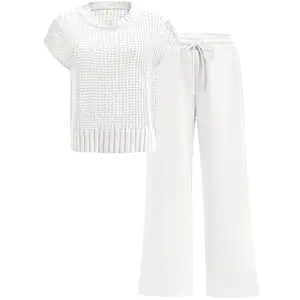 ANRABESS Women Two Piece Outfits Crochet Sheer Knit Sweater Top Wide Leg Pants Lounge Matching Sets Sweatsuit Travel Clothes Minimalist Matching sets