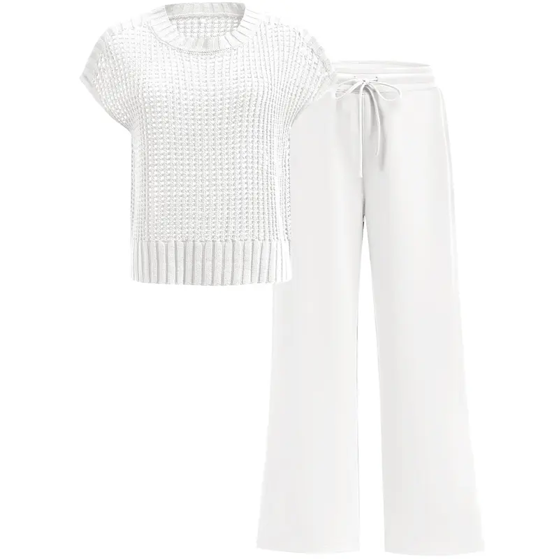 ANRABESS Women Two Piece Outfits Crochet Sheer Knit Sweater Top Wide Leg Pants Lounge Matching Sets Sweatsuit Travel Clothes Minimalist Matching sets