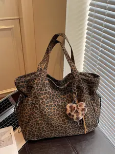 Leopard Print Plush Pendant Bag, Large Capacity Tote Bag for Work & Daily Use, Single Shoulder Crossbody Design, Casual Shopping Bag
