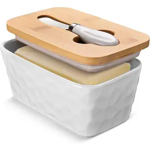 Butter Dish with Lid: Large Butter Dish for Countertop - Ceramic Butter Container with  Double  Seal -  Stone Butter Dishes with Covers for  Kitchen Decor  Decor White