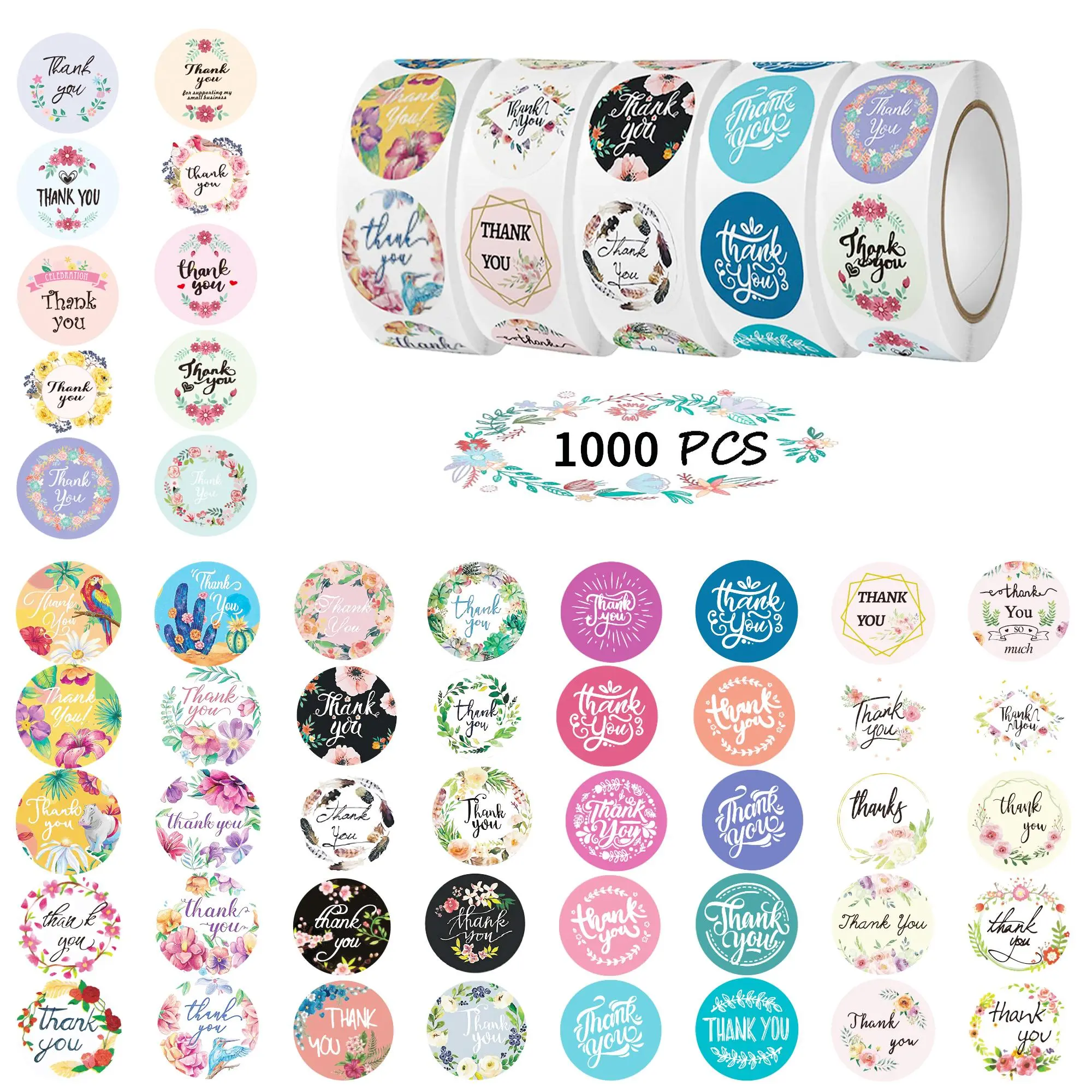 Thank You Sticker (1000pcs/5 Rolls), Flower & Letter Pattern Decorative Sticker, Waterproof Self Adhesive Decor Paper for Gift Wrapping, Sticker Decals, Sticker Sheets, Self Adhesive Stickers, Floral Pattern Sticker