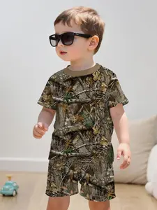2 Pcs Kids Casual Set, Forest Camo Print T-Shirt & Gym Shorts, Summer Wear, Loose-Fitting, Short Sleeve, Regular Length, Summer Clothing Set