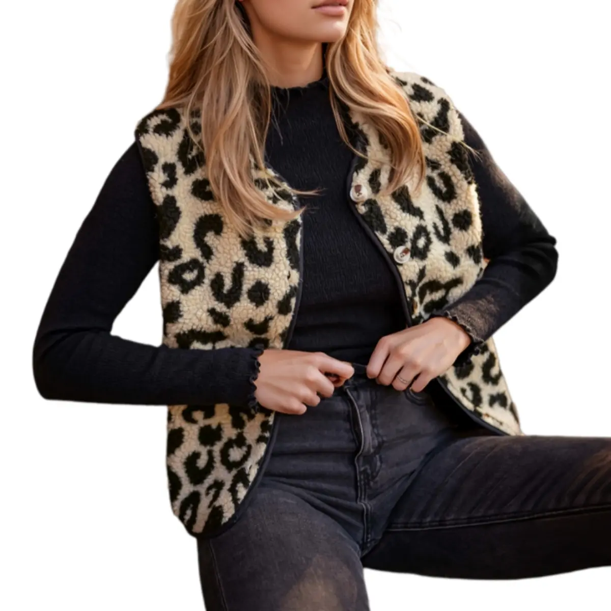 Asvivid Women's Fitted Polyester Leopard Print Sherpa Vest - Casual, Stylish, Comfortable Sleeveless Button-Front Top for Autumn Winter Wear, Style