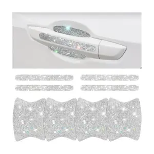 8PCS Bling Car Door Handle Protector, Crystal Rhinestone Vehicle Door Bowl Protective Sticker, Glitter Anti-Scratch Auto Decor Decals Accessories, Universal for SUV, Sedan, Truck (White)