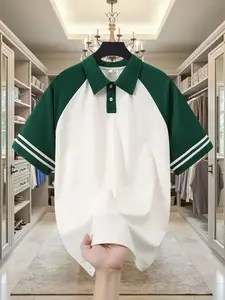 American Vintage Colorblock Shoulder Pad Polo Shirt, College Style Striped Short Sleeve, Casual Sporty Contrast Top, Unisex Loose Fit