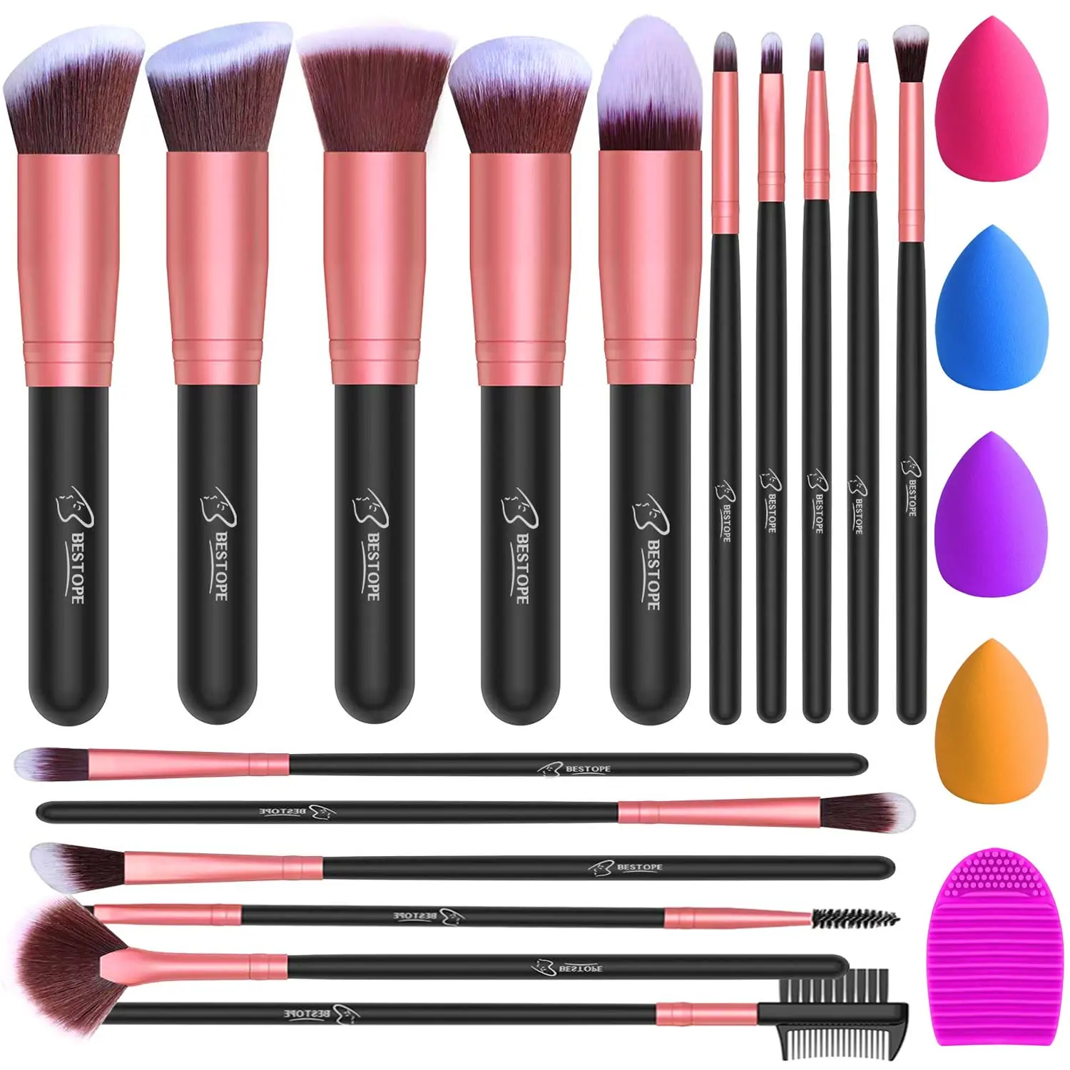 BESTOPE PRO 16count Makeup Brushes Set, 4count Beauty Blender Sponge Set and 1 Brush Cleaner, Premium Synthetic Foundation Brushes Blending Face Powder Eye Shadows Make Up Brushes Kit, Rose Gold