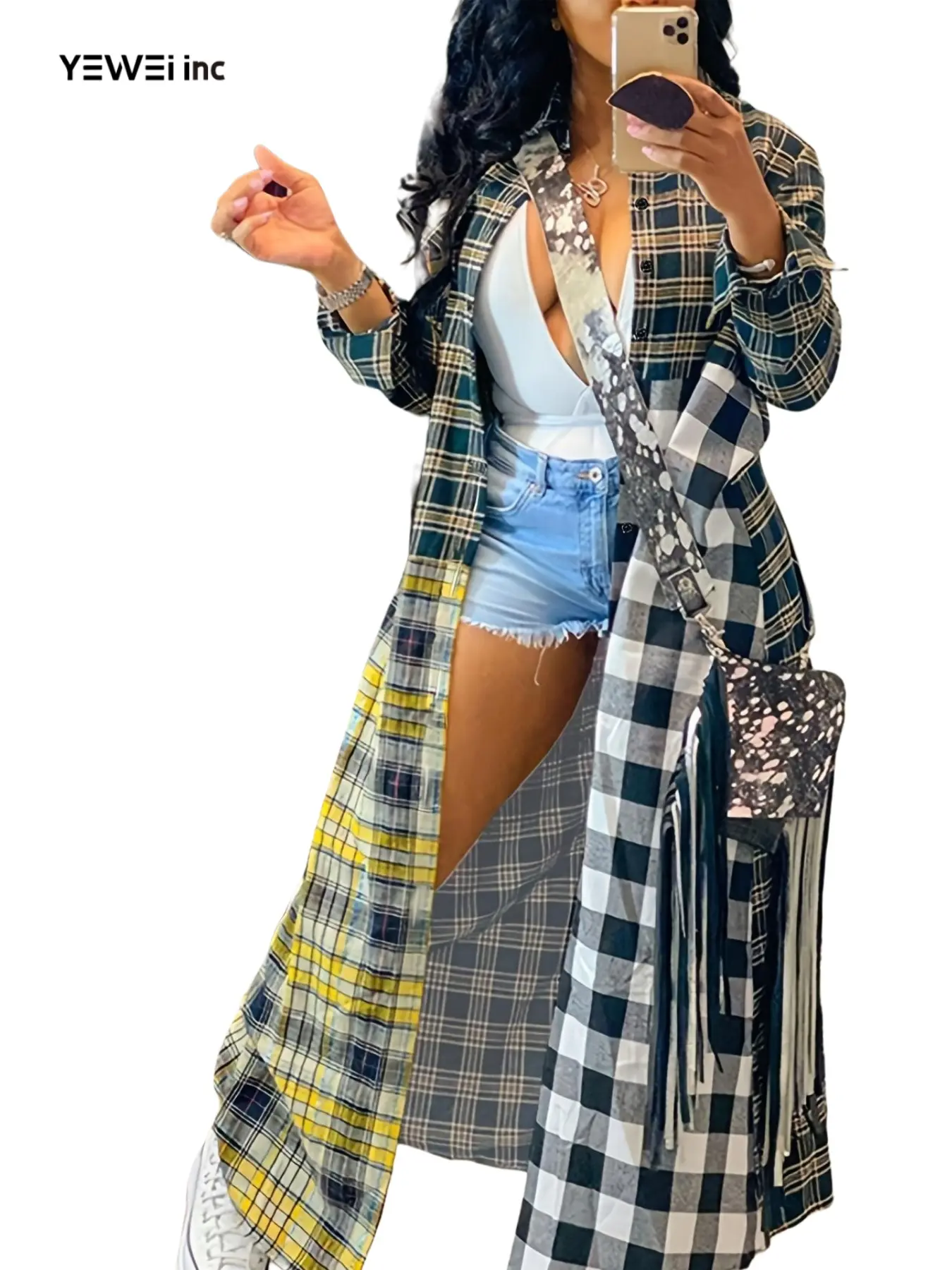Women's patchwork plaid long coat - fashion cardigan trench coat, casual everything with light windproof coat, suitable for spring and autumn street trends to wear