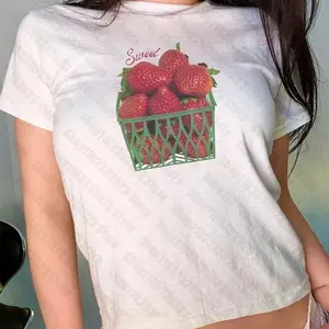 Vintage 2000s Sweet Strawberry Graphic Baby Tee, Grunge Crop Top, Casual Women's T-Shirt, Gothic Cool Girl Print, Streetwear, Punk Tops, 80s Streetwear, Summer Outfit, Downtown Girl Baby Tee, Gift For Her, Outfits