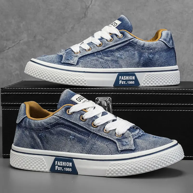 Vintage Distressed Denim Sneakers – Retro Washed Blue Canvas Board Shoes, Casual Streetwear Trainers with Frayed Edge Detail for Men & Women