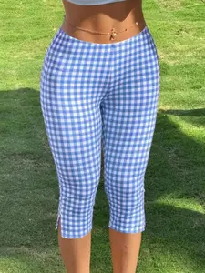 Fashion Chic Plaid Split Capri Pants, Tight-Fit Seven-Eighths Pants, Ideal for Daily Wear, Mid-Waist Cropped Design, Plain Pattern, Womenswear