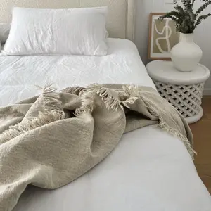 Flax Linen Blanket, 100% Flax Linen Material, Soft Breathable, Multiple Sizes Available, Fashion Fringe Sofa Cover, Indoor Outdoor Use