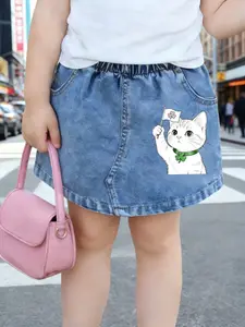 Adorable Cat Pattern Skirt, Durable Denim Fabric, A-Line Cut, Short Design, Casual Style, All Seasons Wear, Comfortable and Stylish