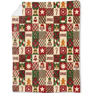 Patchwork Christmas Decorative Throw Blanket,Nutcracker Gingerbread Bell Candy Cane Print Decoration,Flannel Winter Blankets for Couch Sofa,Holiday Decor,Xmas Festival Gifts