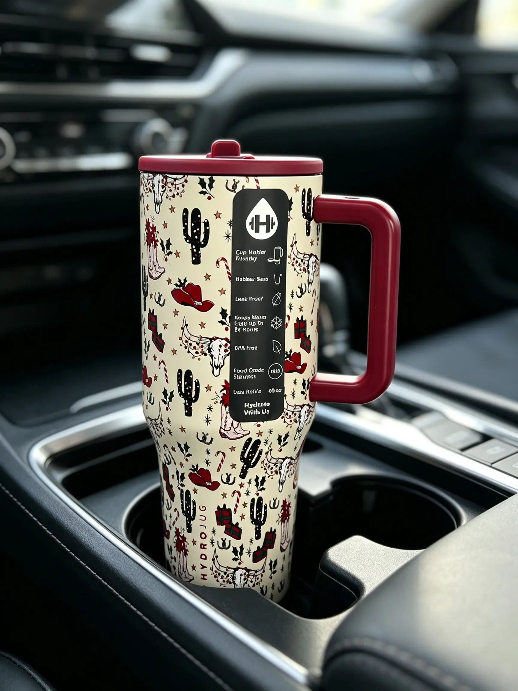 HydroJug 40oz Cactus Pattern Insulated Water Bottle With Flip Straw Lid & Handle, Leak-Proof Durable Design, 24-Hour Cold Retention, Car Cup Holder Compatible, Ideal For Home, Daily Life & Vehicle Use