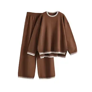 PNORATM Fall woman two-piece set  Outfits Long Sleeve round neckline Knit Pullover Tops Wide Leg Pants Lounge Sets Clothing