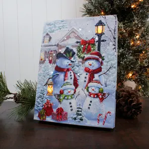 Snowman Family Christmas Snowy Holiday Lighted Tabletop Canvas Decor 8x6 Inch for Home Décor with Built-in Lighting and Canvas Material