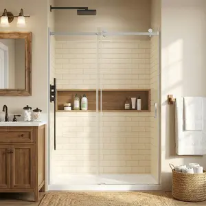 Spaco 48" W x 72" H Frameless Single Sliding Shower Door – 1/4" Thick Clear Tempered Glass, Silver Aluminum Finish, Modern Design for Bathroom