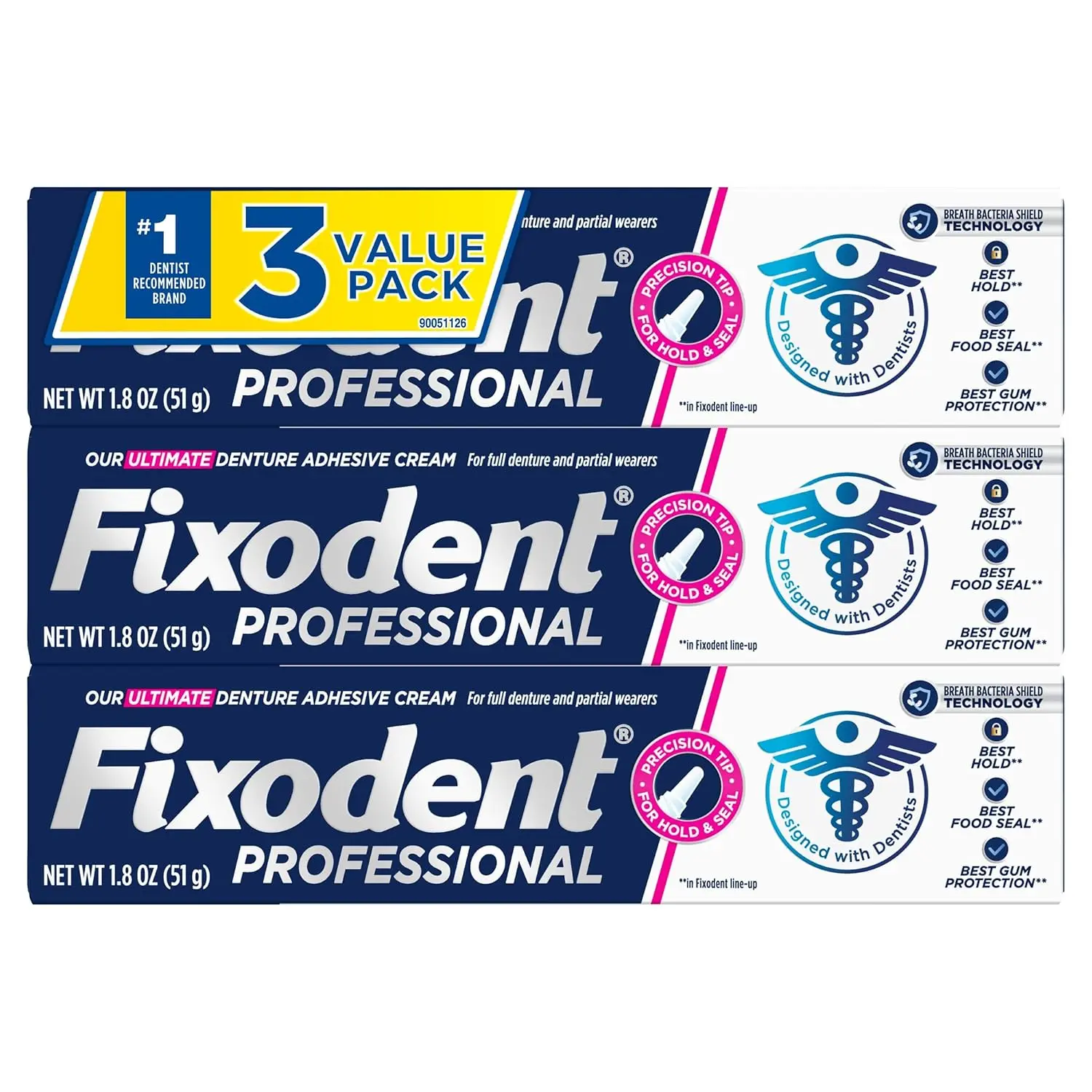 Professional Oral Adhesive Cream - 3 Pack (1.8 oz Each) Adults' Denture Fixing Solution with Strong All-Day Best Hold, Breath Bacteria Shield, Precision Tip for Full & Partial Dentures, Daily Use, Strong Hold, Box