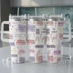 Christian Bible Verse Car Cup (40oz/30oz/20oz) Pastel Watercolor Scripture Print Pattern Inspirational Faith Quotes Durable Stainless Steel Insulated Tumbler for Church Daily Commute Prayer Gift Home Decor Spiritual Gatherings