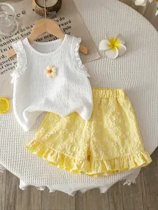 Girls' Summer Set, Floral Sleeveless Ruched Tee + Pleated Loose Shorts, Comfortable Soft Breathable Street Fashion, Floral Print Set