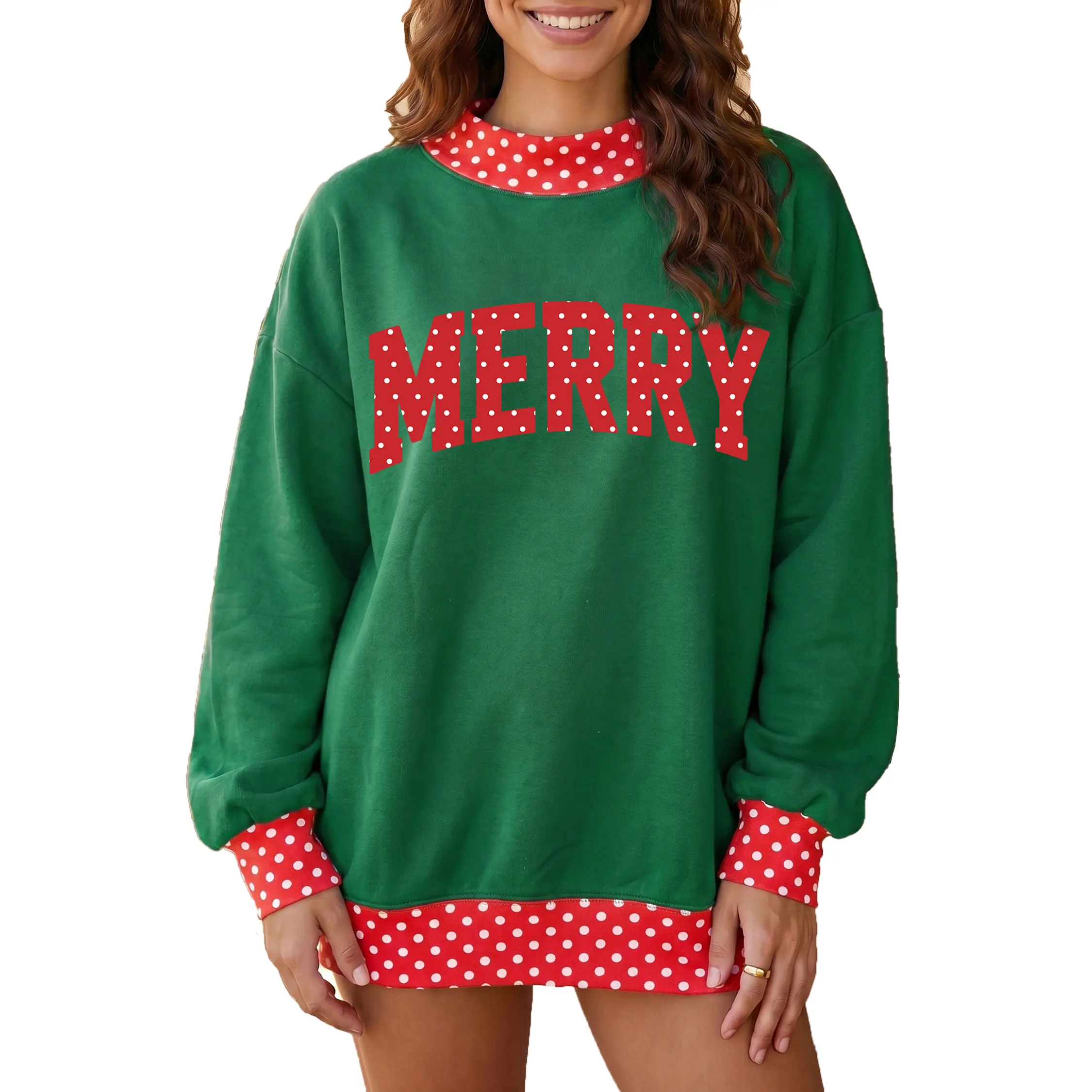 Mntaor Women's Holiday Spirit Pullover – Dark Green ‘MERRY’ Slogan with Red White Polka Dot Contrast Trim, Drop Shoulder  Top for Festive Streetwear , Family Photos, Christmas Morning