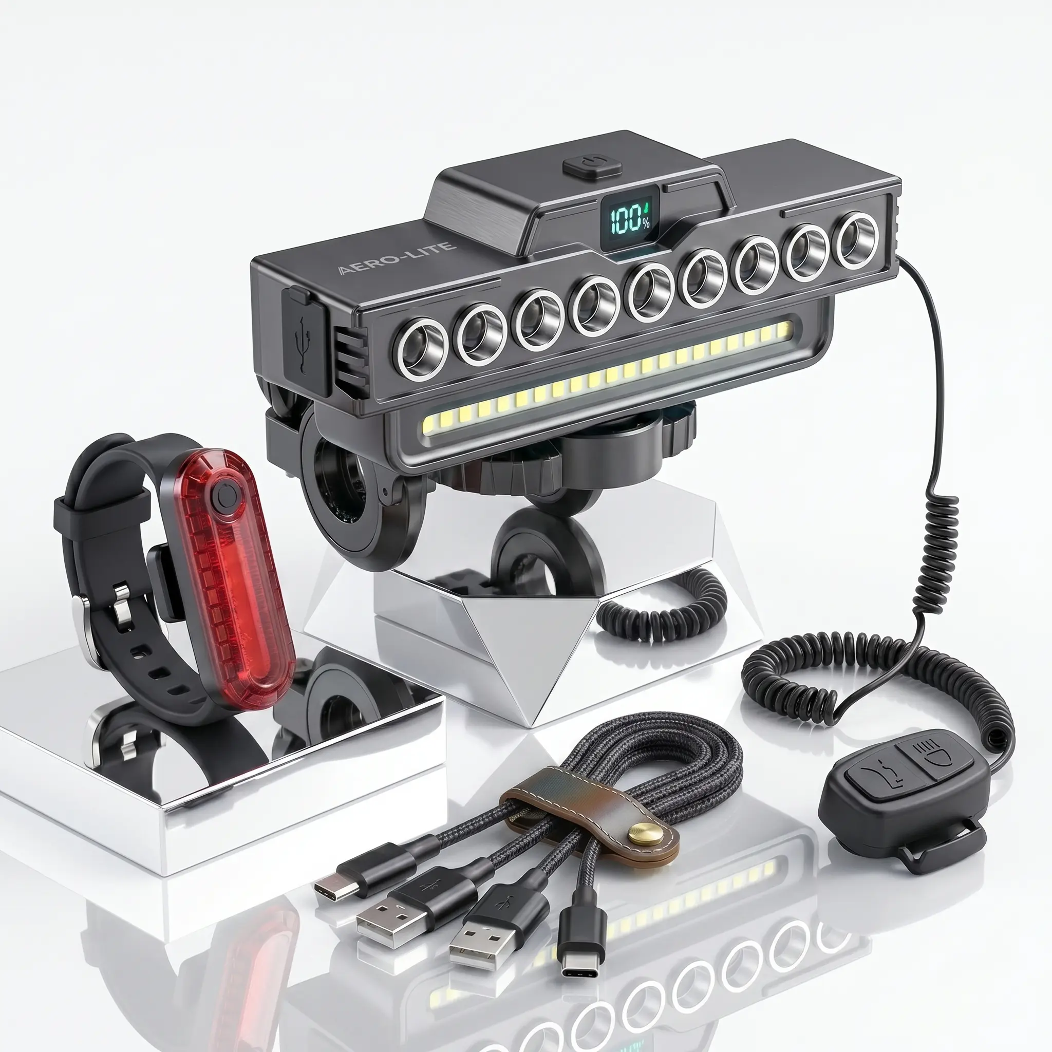 GZXIHTZ 9-LED Matrix Bicycle Headlight, 2000 Lumens Smart Adaptive AI Beam, 100W PD Fast Charge, 8-30H Runtime, IPX7 Waterproof, 155° Wide Beam, Bike Tail Light, Horn, Type-C Power Bank, Ebike Accessories for Night/MTB Cycling