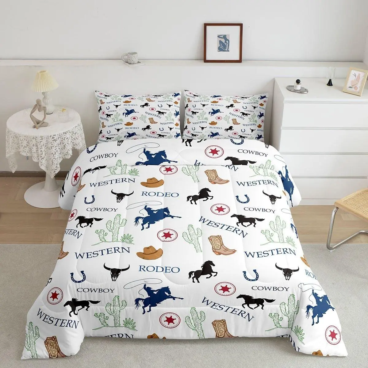 Western Comforter Set,Kids Cartoon Cowboy Cactus Cattle Skull Print Bedding Set,Rustic Farmhouse Quilt Set,American Southwest Duvet Insert for Boys Men Adult Room Decor,White