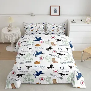 Western Comforter Set,Kids Cartoon Cowboy Cactus Cattle Skull Print Bedding Set,Rustic Farmhouse Quilt Set,American Southwest Duvet Insert for Boys Men Adult Room Decor,White