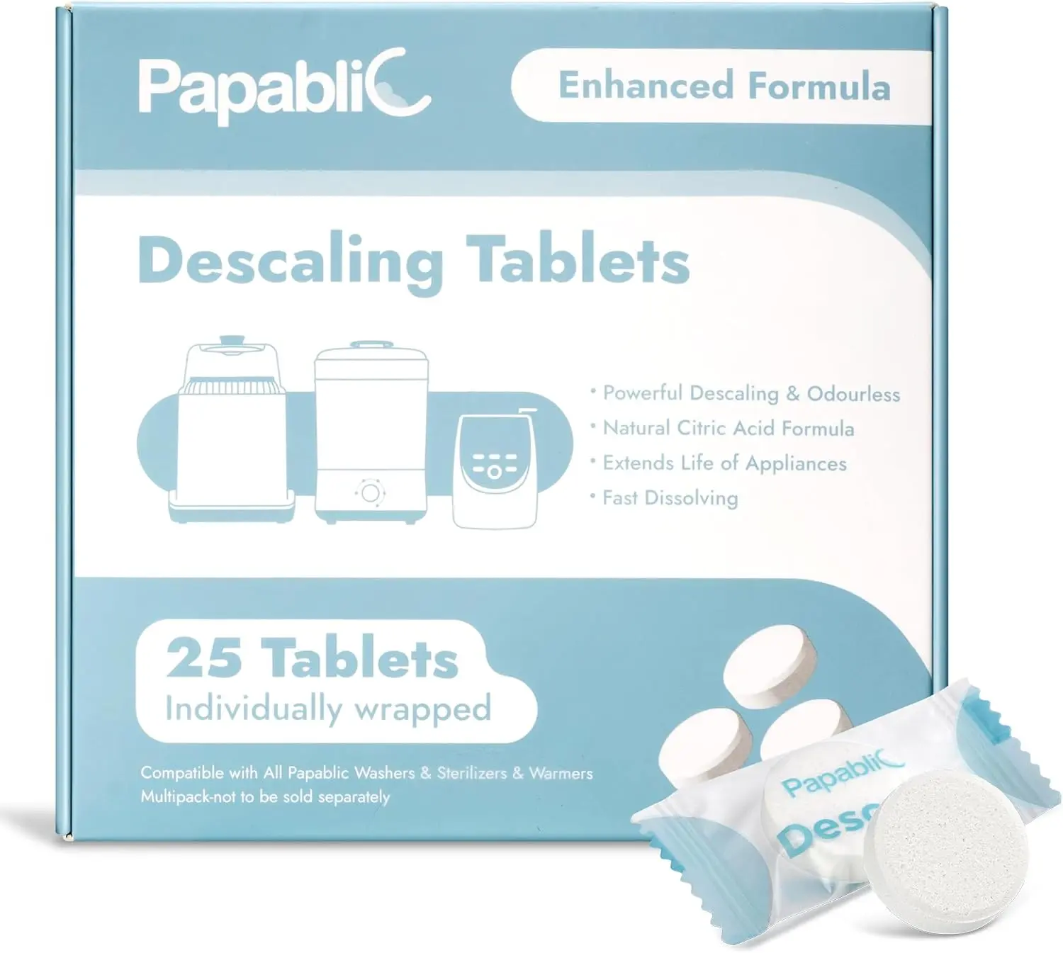Descaling Tablets, 25 Count – Compatible with Baby Brezza, Momcozy, Bottle Washer, Warmer, Sterilizer & Formula Maker – Removes Milk & Limescale for Better Performance