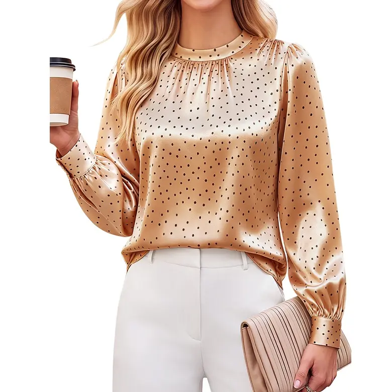 Blooming Jelly Polka Dot Satin Silk Long Sleeve Business Blouse | Polka Dot Long Sleeve Blouse Satin Silk Work Shirt 2026