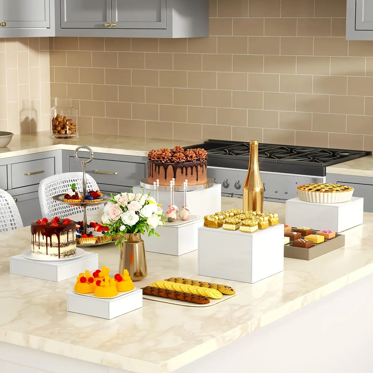 6Pcs Buffet Risers, Food Risers for Buffet Table(3''-8''), Acrylic Cube Display Risers with Hollow Bottom, Food Display Stand for Party Jewelry Dessert Figures