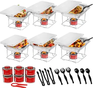 6 Pack - Disposable Chafing Dish Buffet Set, Welded Body Food Warmers for Parties, Fuel Cans Complete Set, Half Size Pans, Warming Trays