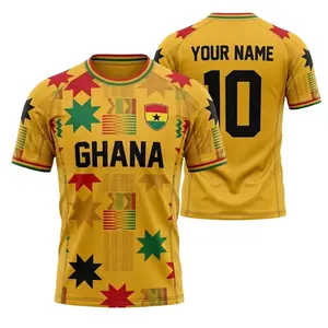 Personalized Ghana Inspired Soccer Jersey, Custom Name Number Football Shirt, Kente Pattern Fan Gift, Yellow Print Top for Supporters