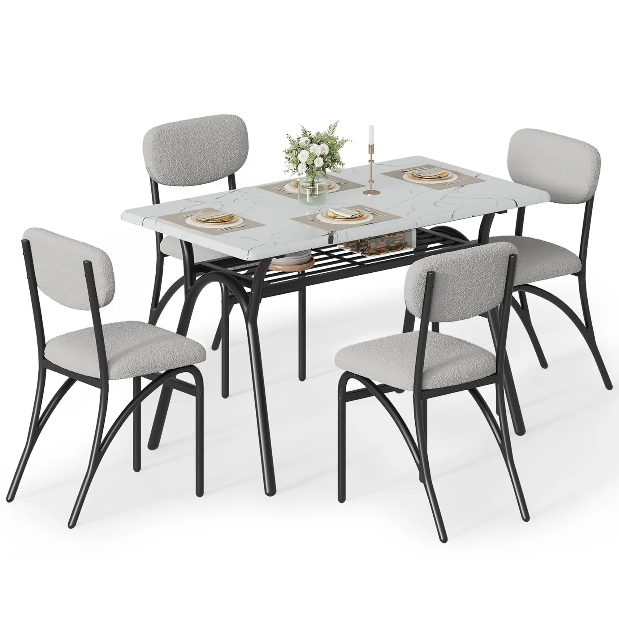 Garvee Modern Rectangular Dining Table Set for 4 with Boucle Chairs in Gray and Marble Finish, Featuring Storage Shelf, Ideal for Small Spaces and Kitchen Dining