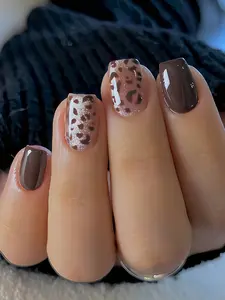 24Pcs Short Square Press-On Nails | Brown Spotted Silver Glitter & Leopard Print