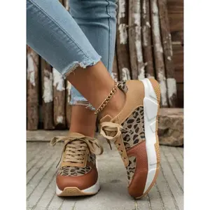 Women's Fashion Leopard Print Lace Up Low Top Sneakers, Casual Comfortable Sports Running Shoes, Female All-match Round Toe Shoes for Daily Wear