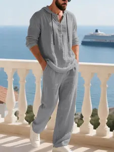 Men's Linen Hooded Set, American Luxury Vacation Style, Henry Neck Top & Loose Pants, Breathable Comfort Casual
