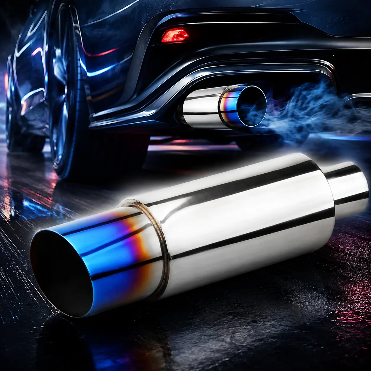 Stainless Steel Universal Car Exhaust Tip - Cylindrical Tip, 3.5in Oversized Outlet, 2.17in Inlet, Burnt Blue Rainbow Sporty Performance Tail Pipe for Modified Cars #ExhaustTip #MufflerTip #StainlessSteelExhaust