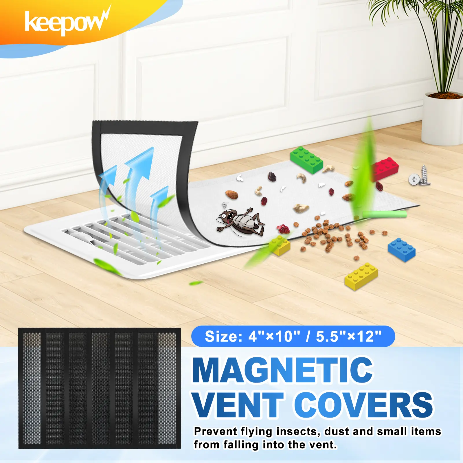 KEEPOW Floor Vent Covers, Magnetic Vent Covers Air Vent Covers Mesh Screen Register Vent Covers Anti-mildew and moisture-proof for Home, Floor, HVAC, AC, Grilles, and RV Vents
