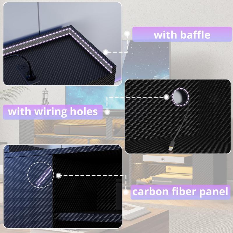 IRONCK Entertainment Center with Storage, Tall TV Stand W/Power Outlet, LED Gaming TV Cabinet for PS5, Black TV Stand with Carbon Fiber