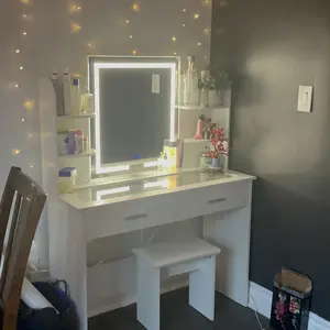VOWNER Modern Makeup Vanity Desk with Lighted Mirror,2 Drawers,Cushioned Stool for bedroom, vanity mirror vanity table,Furniture Interior