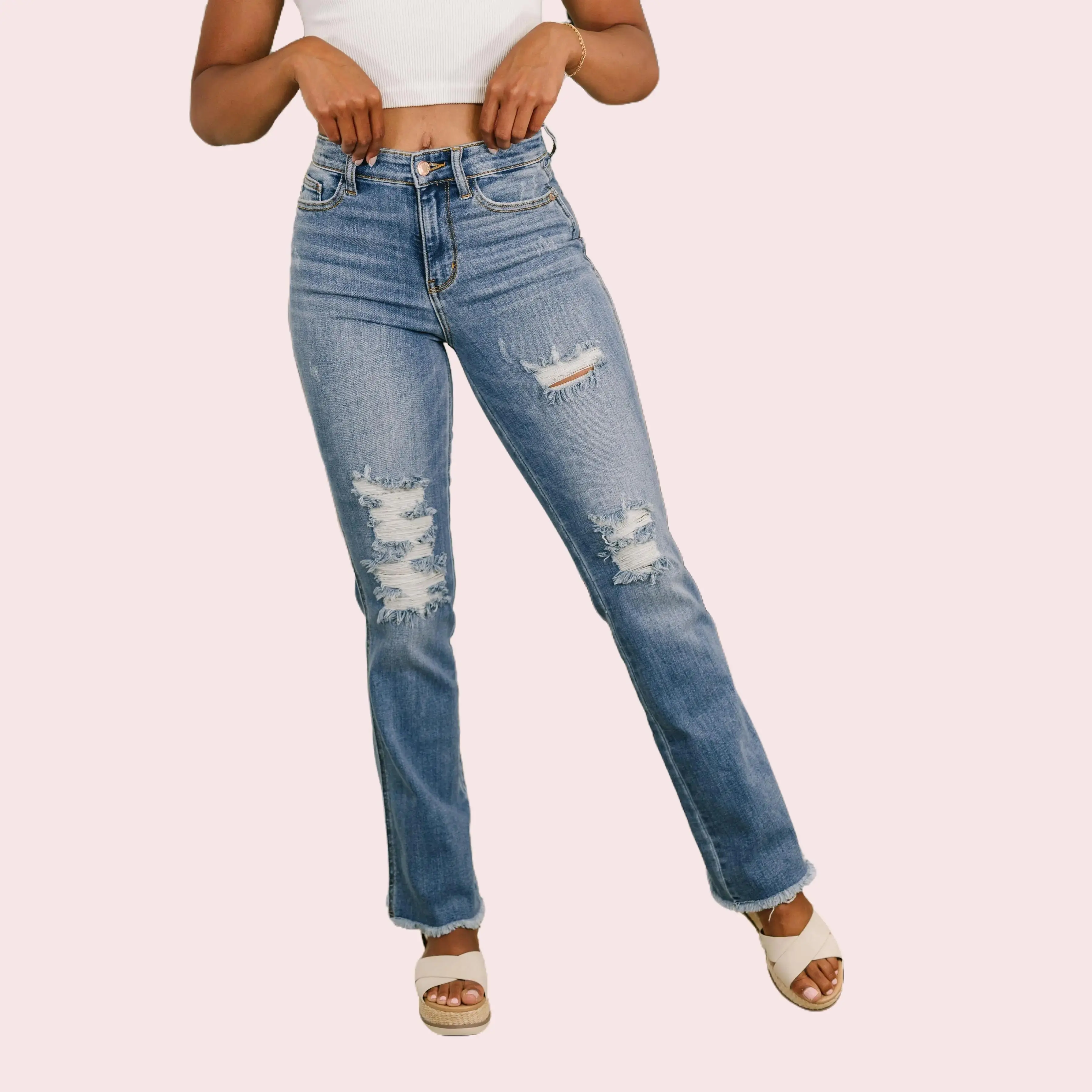 Judy Blue High Waist Distressed Bootcut Fray Hem Jeans 82542 - Stretchy Cotton Denim, Trendy, Edgy Details, Fun All Seasons Womenswear Bottoms