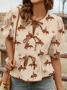 Cowboy Print Puff Sleeve Bowknot Peplum Blouse, Flatter Your Figure With A Trendy Peplum Silhouette.