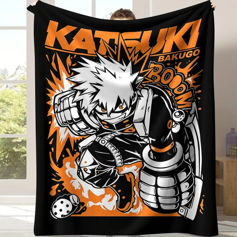 Katsuki Bakugo Explosion Quirk Throw Blanket, Solid Black Background Orange Blast My Hero Academia Flannel Blanket, Soft Fleece Blanket, Perfect Edgy Shonen Anime Teen Gaming Bedroom Decor Bakugo Fan All-Season Gift