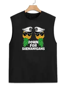 Men's Sleeveless Tropical Graphic Cotton Tank Top - Menswear, Soft Breathable Fabric, Funny "Down For Shenanigans" Pineapple Print, Relaxed Fit Casual Streetwear Vest