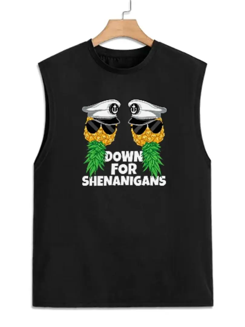 Men's Sleeveless Cotton Tropical Tank Top - Beach Tank with Funny "Down For Shenanigans" Pineapple Print Letters, Soft Breathable Fabric, Relaxed Fit, Menswear Casual Streetwear Vest, Boat & Golden Black Sunglasses Compatible
