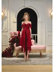 Love In The Galaxy Dress-LaceMade Official Authentic Bordeaux Red Shiny Satin Fabric with Metal Fish Scale Bone Support & Detachable Sleeves - Casual, Womenswear SwimWeek